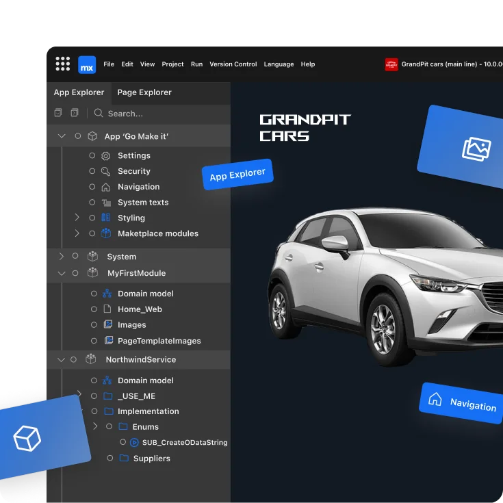 Mendix app builder interface showcasing drag-and-drop app design and template selection