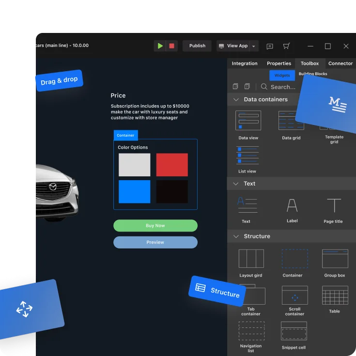 Mendix App Composer view showing Form, List, and UI builders for creating enterprise apps visually