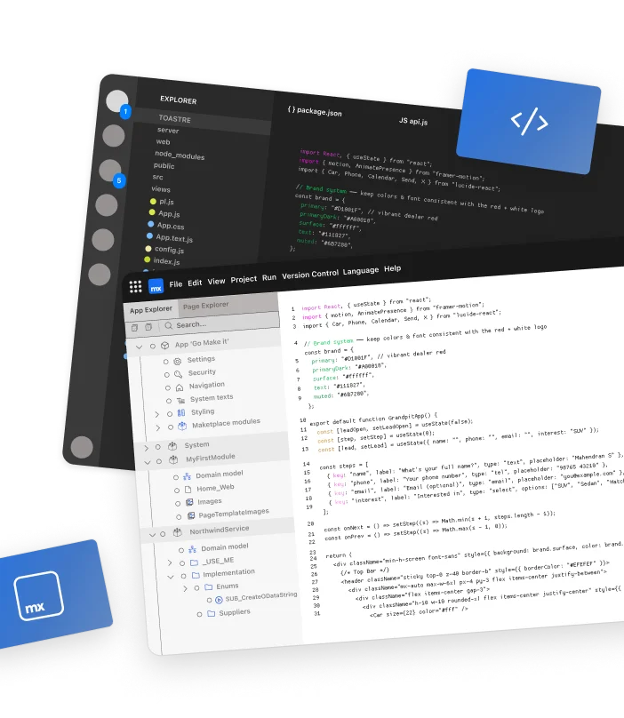 Mendix platform screen showing new app creation options including import, templates, and blank app setup