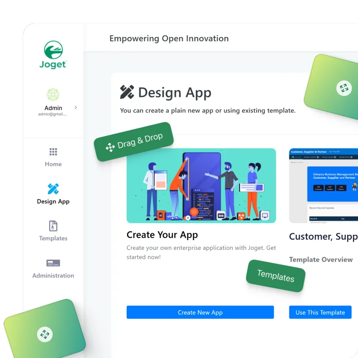 Joget app builder interface showcasing drag-and-drop app design and template selection