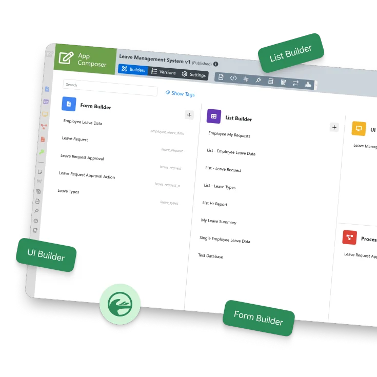 Joget App Composer view showing Form, List, and UI builders for creating enterprise apps visually