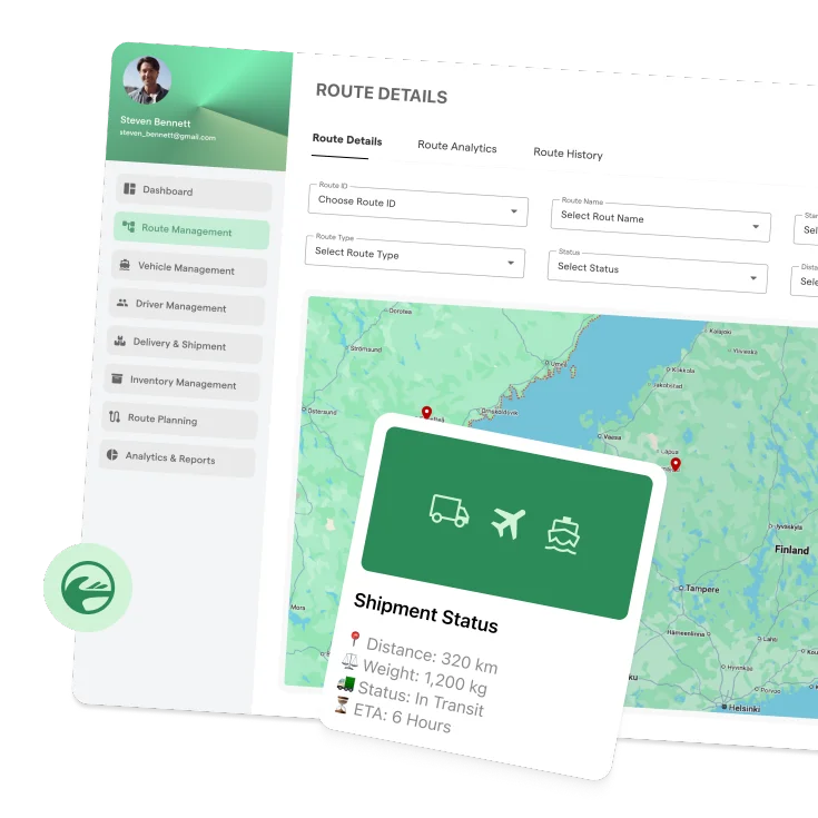 Case study success snapshot showcasing a supply chain management app with shipment tracking and route management dashboard