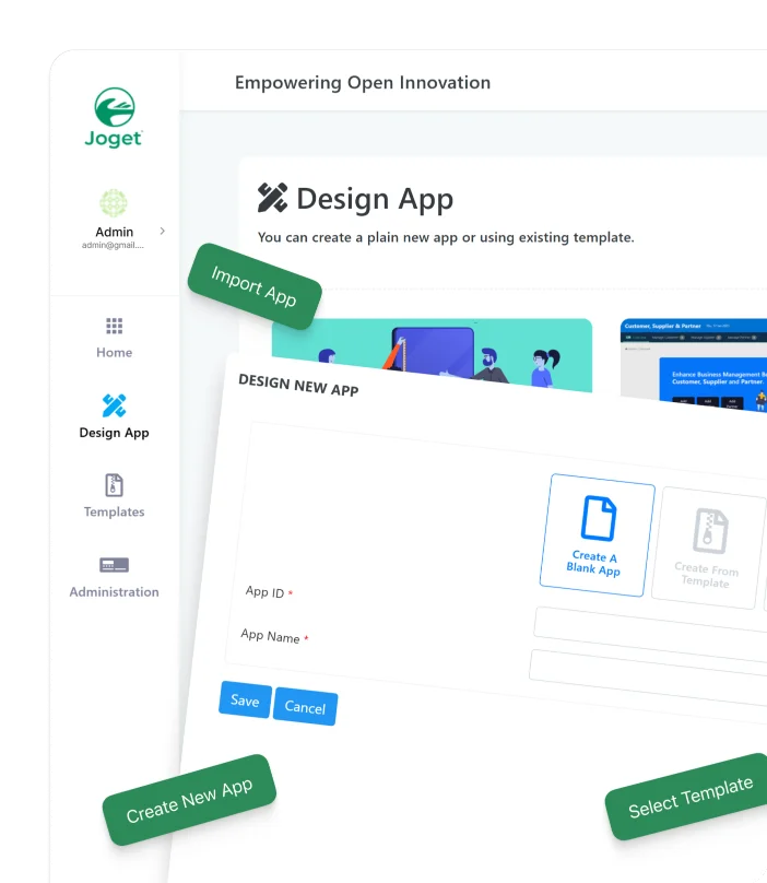 Joget platform screen showing new app creation options including import, templates, and blank app setup
